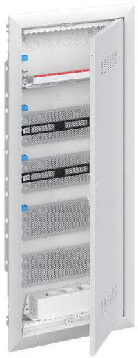Otevřená elektrická rozvodná skříň ukazuje několik horizontálních zásuvných modulů a částečně otevřené dveře, vhodné pro zapojování a organizaci elektroinstalace.