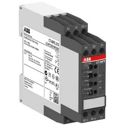 Časové relé od ABB, šedé pouzdro, černé a šedé svorky. Model CT-MFS.21S, technické detaily vytištěné na povrchu.
