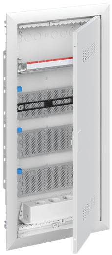 Bílá rozvodná skříň s otevřenými dvířky, vybavená několika přihrádkami a větracími otvory na dvířkách, vhodná pro elektroinstalace.