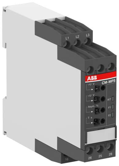 Elektrické relé zařízení s nápisem 'ABB CM-MPS'. Zobrazuje několik slotů a ovládacích tlačítek pro řízení a monitorování.