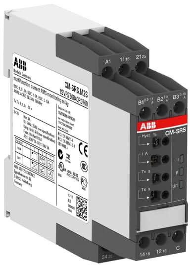 Třífázové monitorovací relé od ABB pro sledování proudu v elektrických systémech s několika vstupy a nastavitelnými parametry.