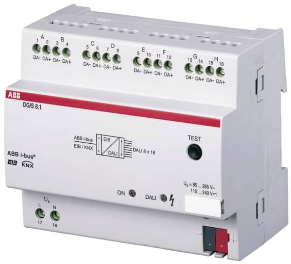 Obrázek ukazuje KNX řídící zařízení značky ABB s několika připojovacími svorkami pro domovní automatizaci.