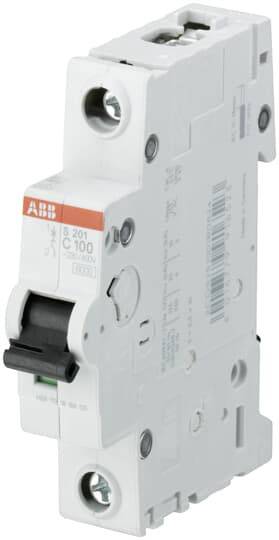 Bílý výkonový jistič od ABB s černým vypínačem a zeleným značením, určený pro elektrickou bezpečnost v rozvaděčích.