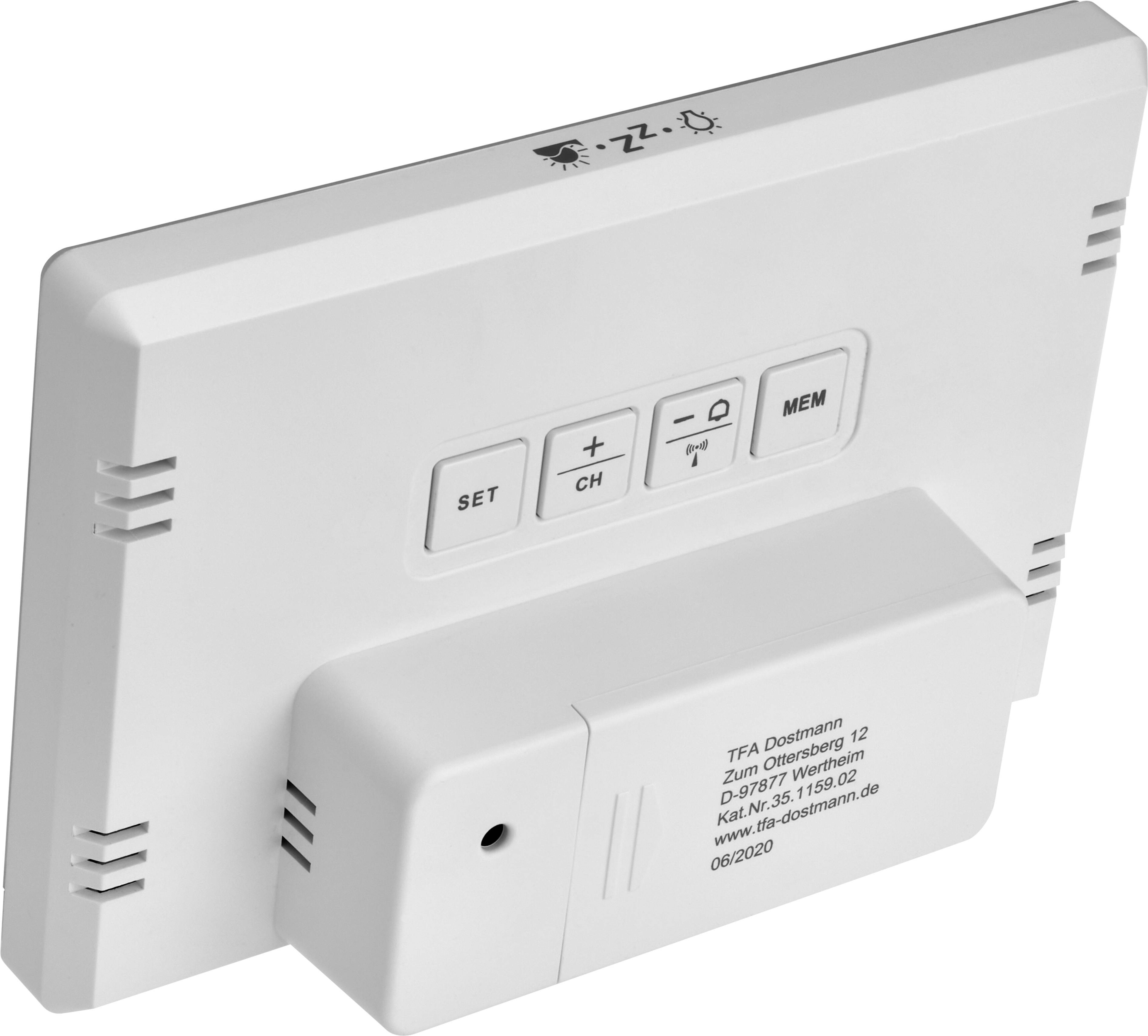 Zadní strana elektronického zařízení s tlačítky 'SET', 'CH', '+', '-' a 'MEM'; informace o výrobci vytištěné dole.
