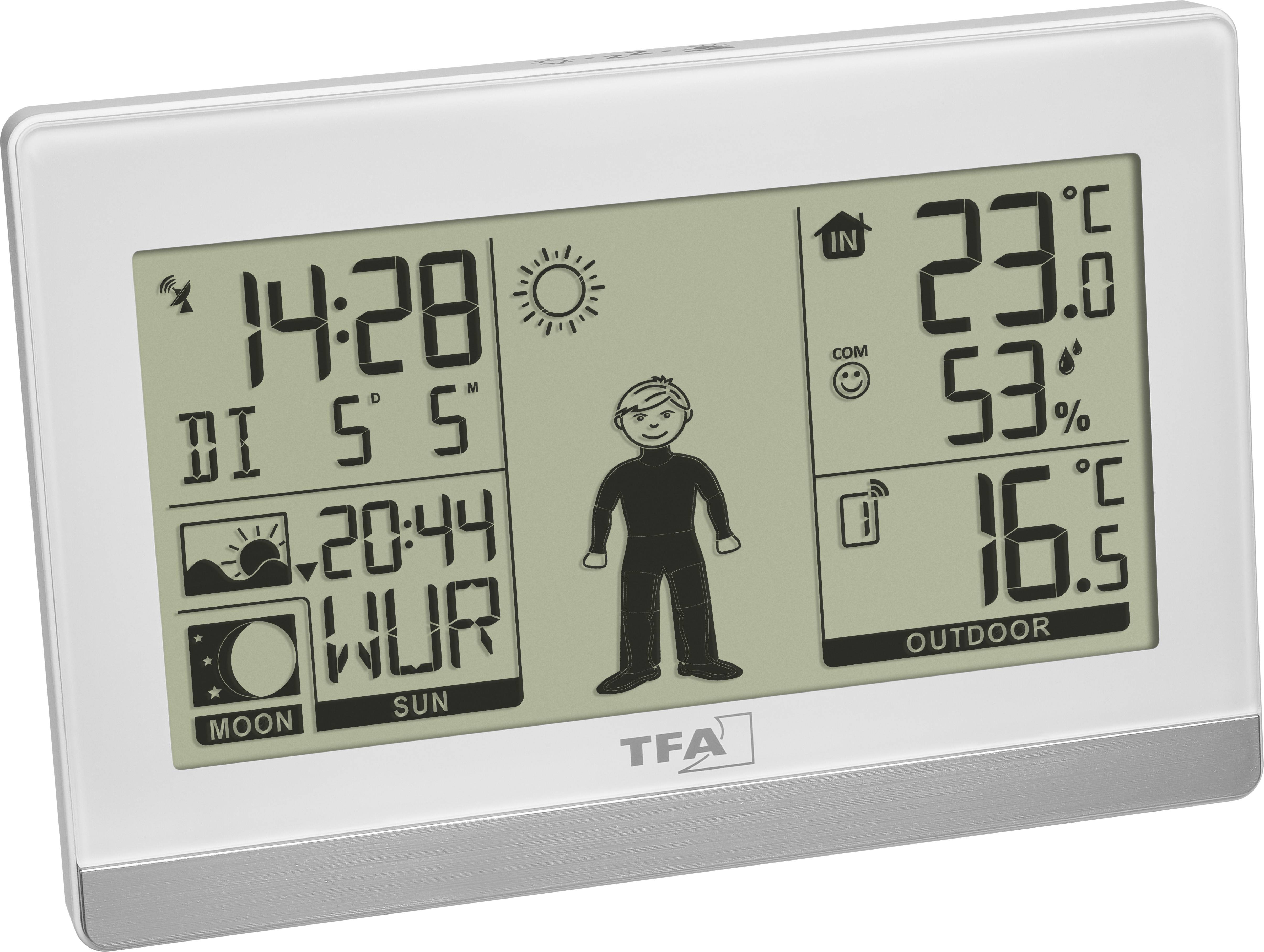 Digitální displej meteorologické stanice ukazuje čas 14:28, datum úterý 5. září, vnitřní a venkovní teploty a vlhkost vzduchu.