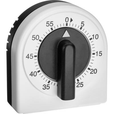 Bílé kuchyňské hodiny s černým otočným knoflíkem, nastavené přibližně na 0 minut. Hodiny ukazují minuty od 0 do 60.