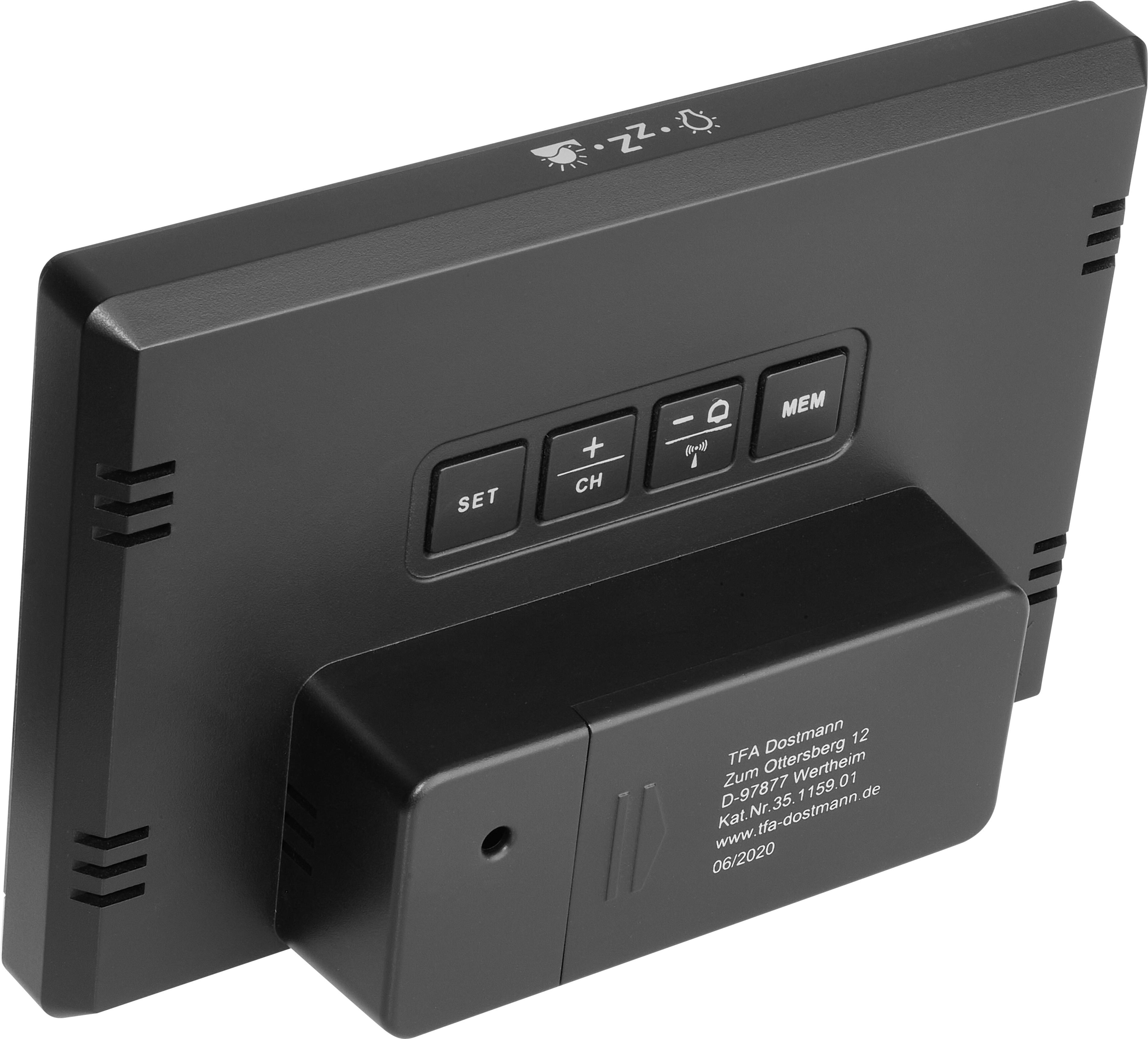Zadní pohled digitálního teploměru se čtyřmi tlačítky: SET, CH, MEM a prostor pro baterii.