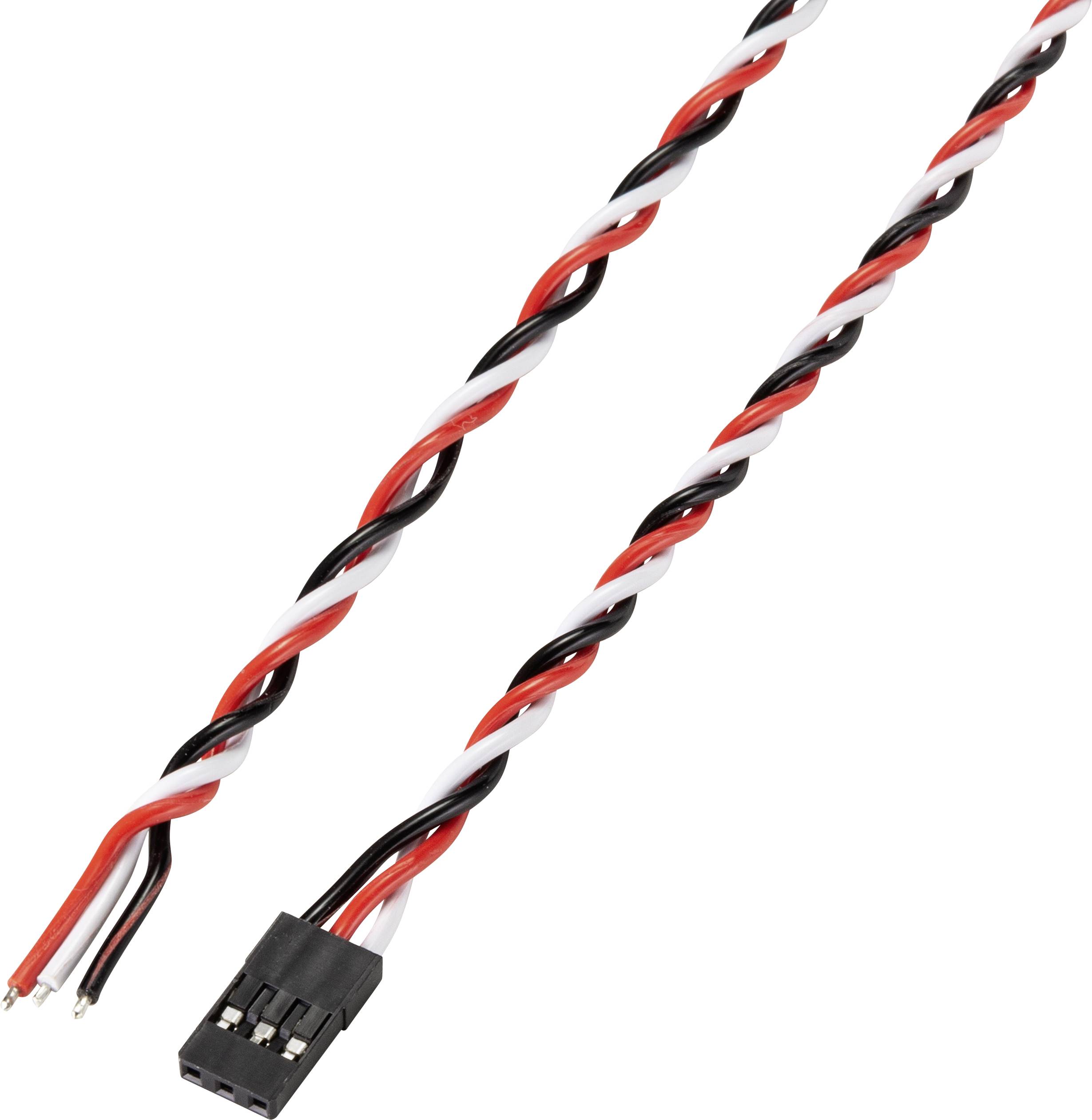Tříbarevný kroucený kabel s černým konektorem a volnými konci, skládající se z červených, bílých a černých vodičů.