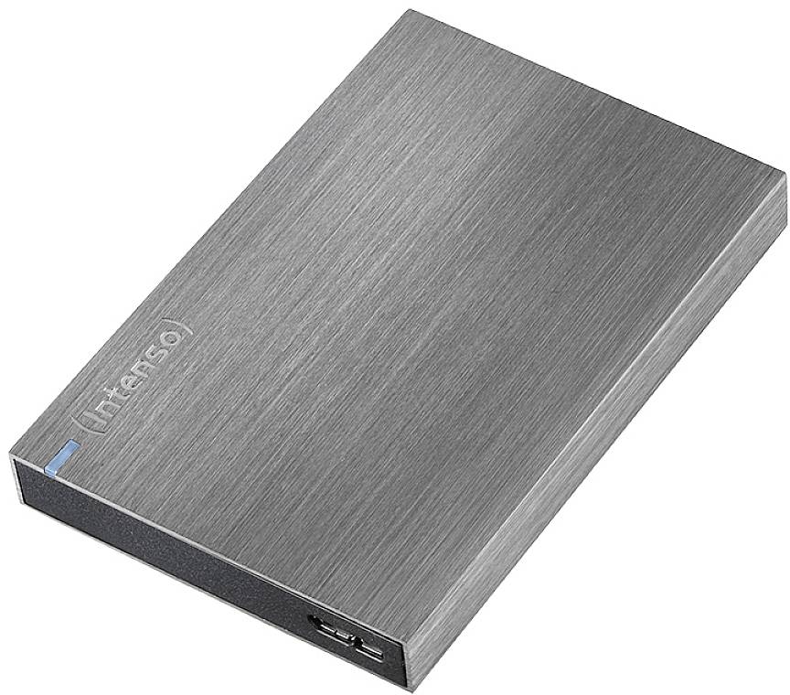 Externí pevný disk v stříbrném pouzdře s USB připojením, vhodný pro ukládání a přenos dat. Značka 'Intenso' na povrchu.