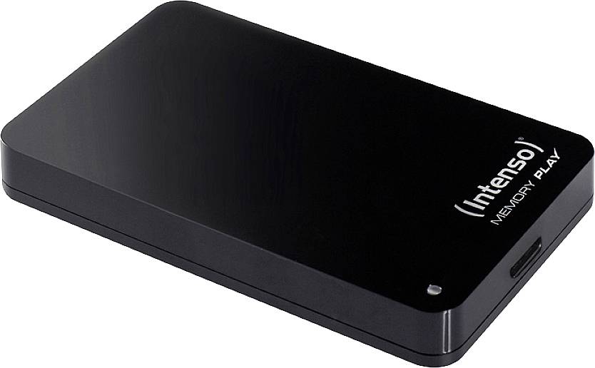Externí pevný disk 'Intenso Memory Play' v černé barvě, štíhlý design, vhodný pro ukládání a zálohování dat.