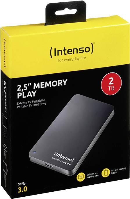 Černý přenosný pevný disk Intenso 2,5" s 2 TB úložným prostorem, zabalený v žluté krabici. Podporuje USB 3.0, vhodný pro nahrávání TV.