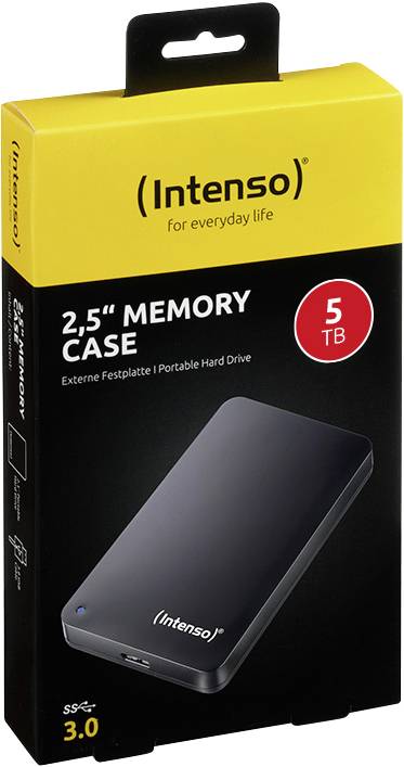 Externí pevný disk Intenso, 2,5 palce, 5 terabajtů kapacity, USB 3.0, černé přenosné pouzdro, balení v žluté a černé barvě.