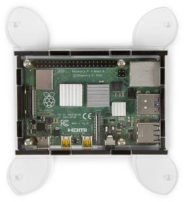 Raspberry Pi v průhledném krytu, ukazující sloty a komponenty desky.