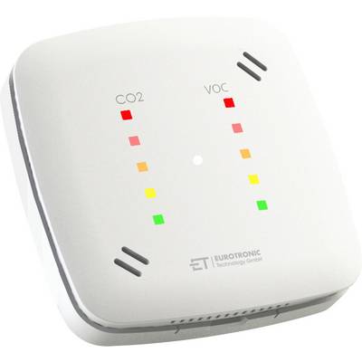 Monitor CO2 a VOC s LED indikátory kvality vzduchu. Vlevo nápis 'CO2', vpravo 'VOC'. Výrobce: Eurotronic Technology GmbH.