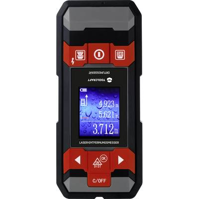 Elektronický laserový dálkoměr s podsvíceným displejem a měřenými hodnotami, mezi nimiž jsou '4,923 m', '5,621 m' a '3,712 m'.