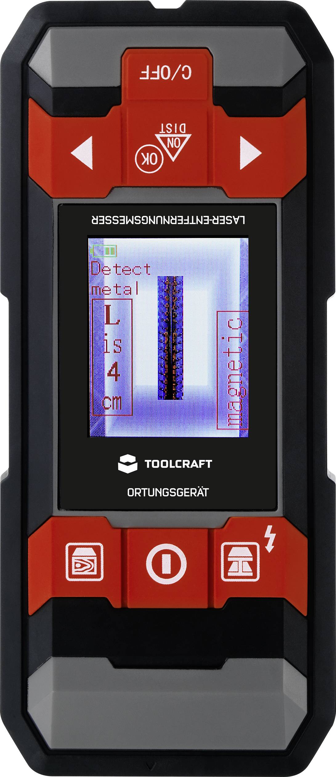 Lokalizační přístroj na nářadí s digitálním displejem zobrazuje detekci kovu a magnetických látek včetně měření hloubky do 4 cm.