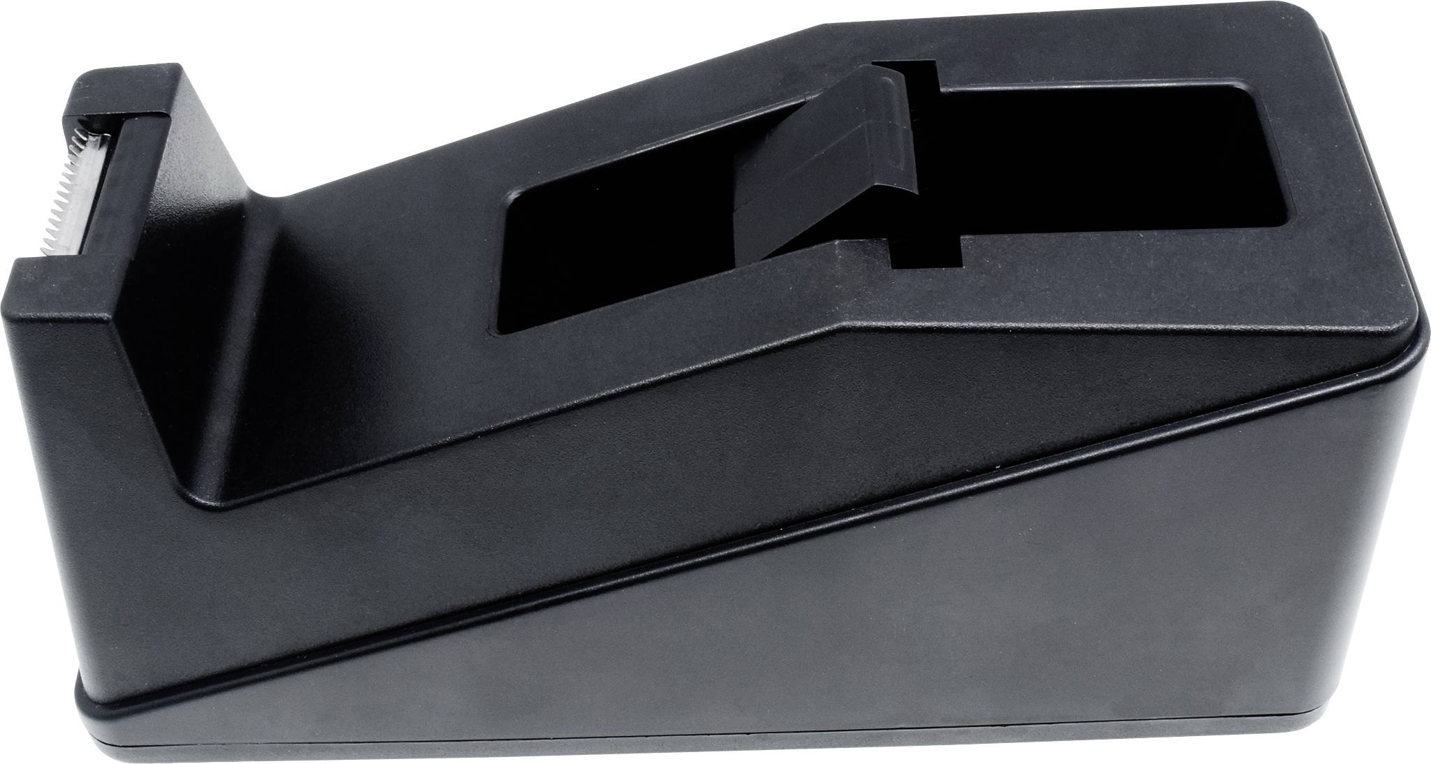 Černošedý stojan na lepicí pásku, snímán z diagonálního úhlu. Čistý, funkční design kancelářské pomůcky.