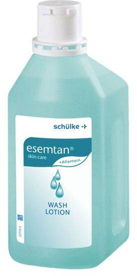 Světle modrá láhev s nápisem 'esemtan Wash Lotion' a 'schülke+'. Obsahuje mléko na péči o pokožku s alantoinemem.