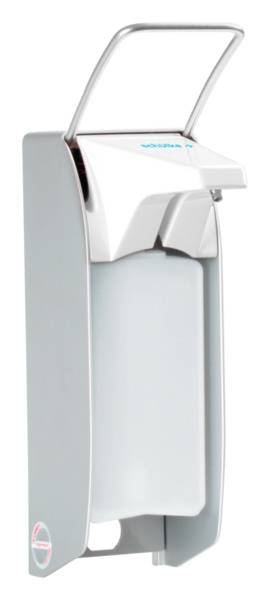 Dávkovač tekutého mýdla nebo dezinfekčního prostředku s stříbrnou pákou a bílou nádobou připevněný na stěně.