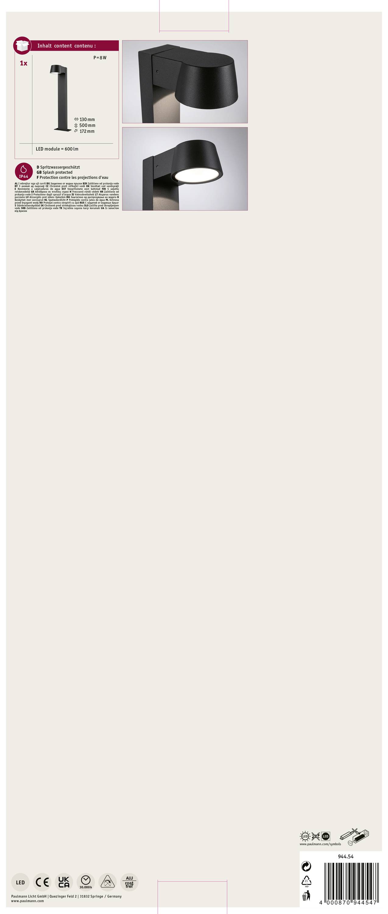 Černé nástěnné svítidlo, moderní design. Dva produktové snímky ukazují osvětlení ve dne i v noci. Úsporné a odolné vůči povětrnostním vlivům.