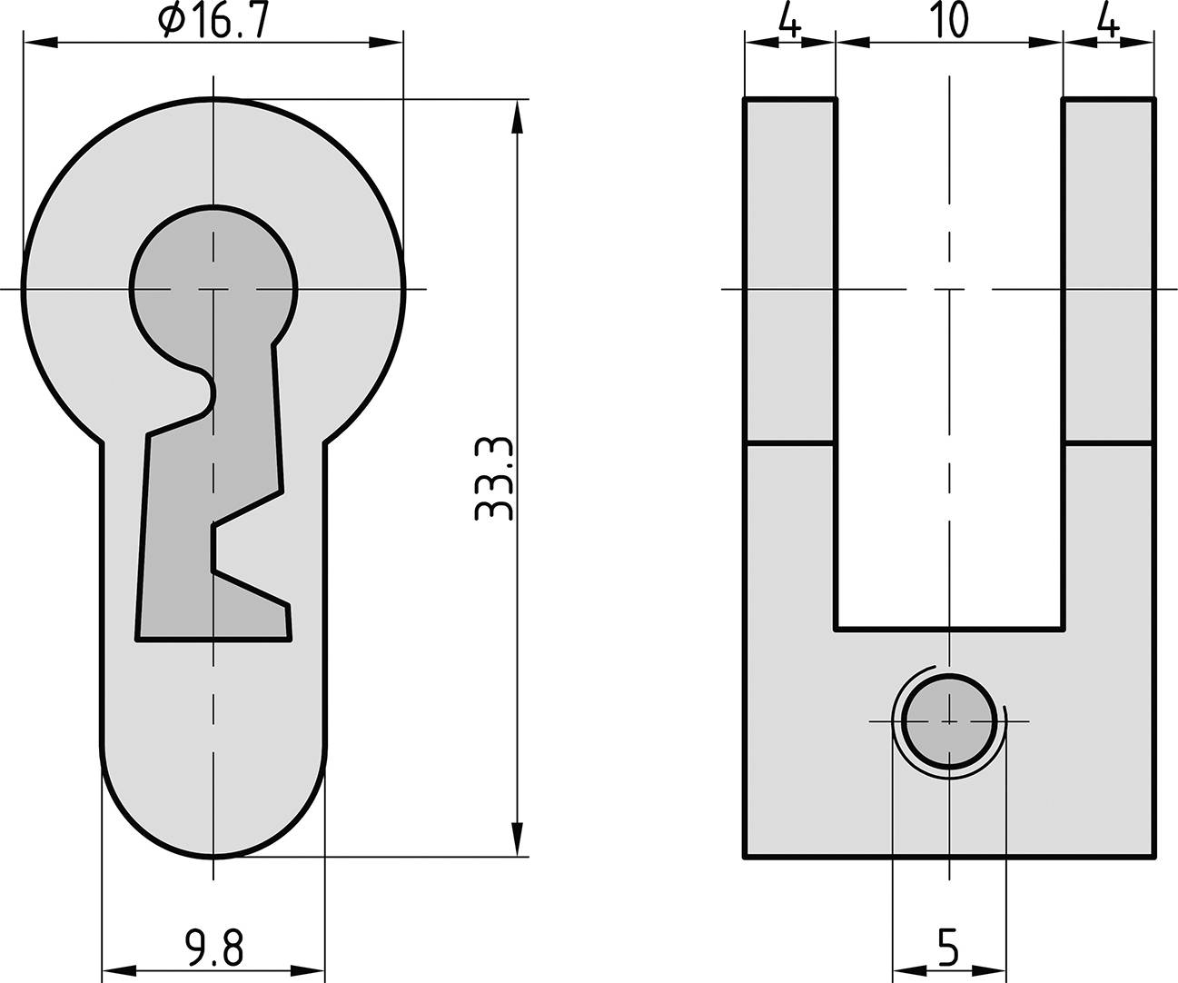 Technický výkres klíčové dírky a U-profilu drážky s rozměry: celková délka 33,3 mm, šířka 16,7 mm, šířka drážky 10 mm.