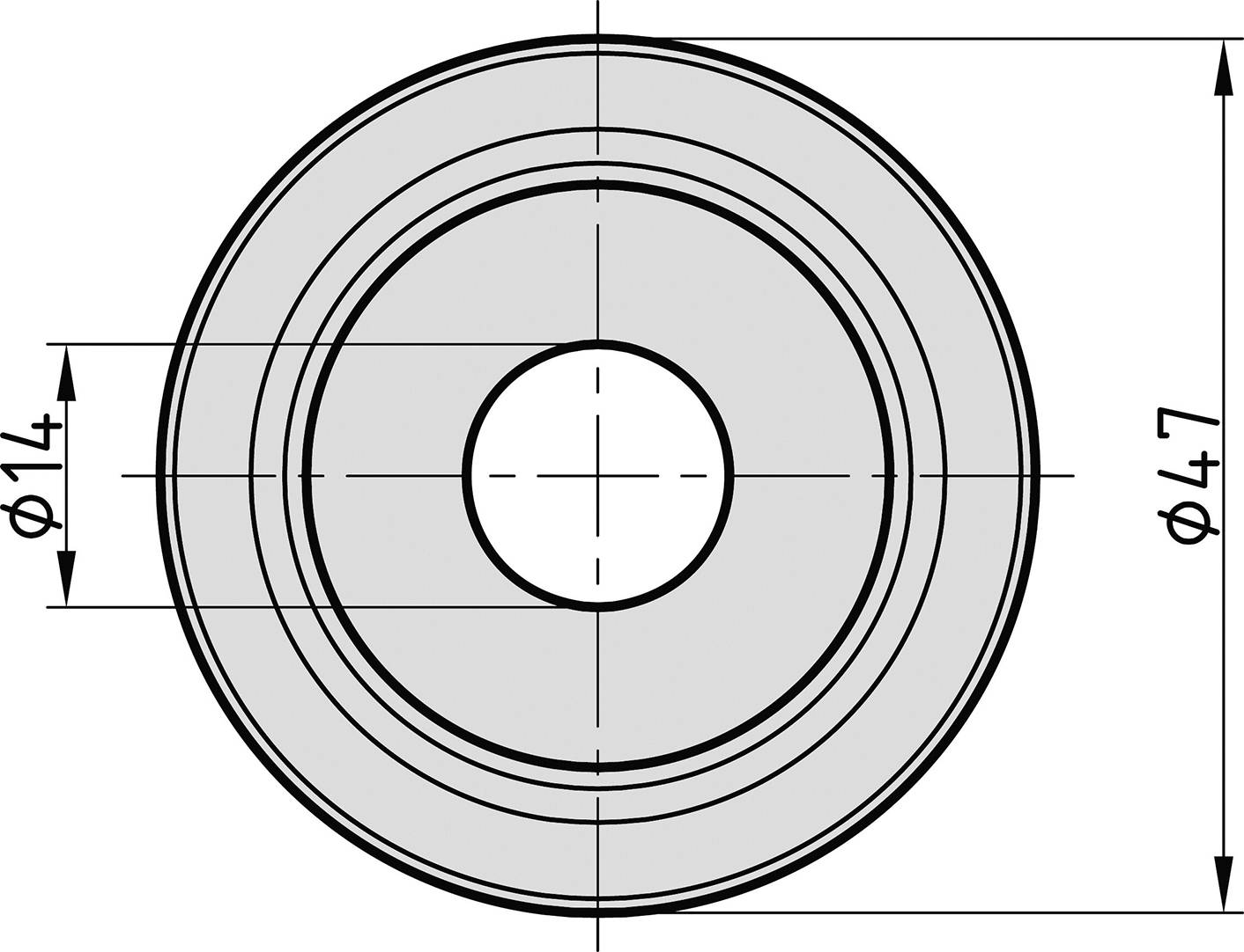 Technický výkres kruhové součástky s průměry 14 mm a 47 mm, centrovaný.