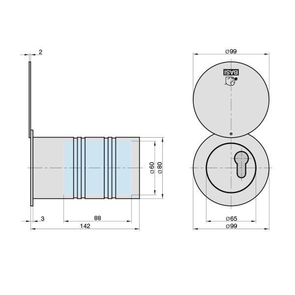 Schéma válcového zámku s rozměry: délka 142 mm, průměr 99 mm, průměr klíčové dírky 65 mm, přístup klíče shora.