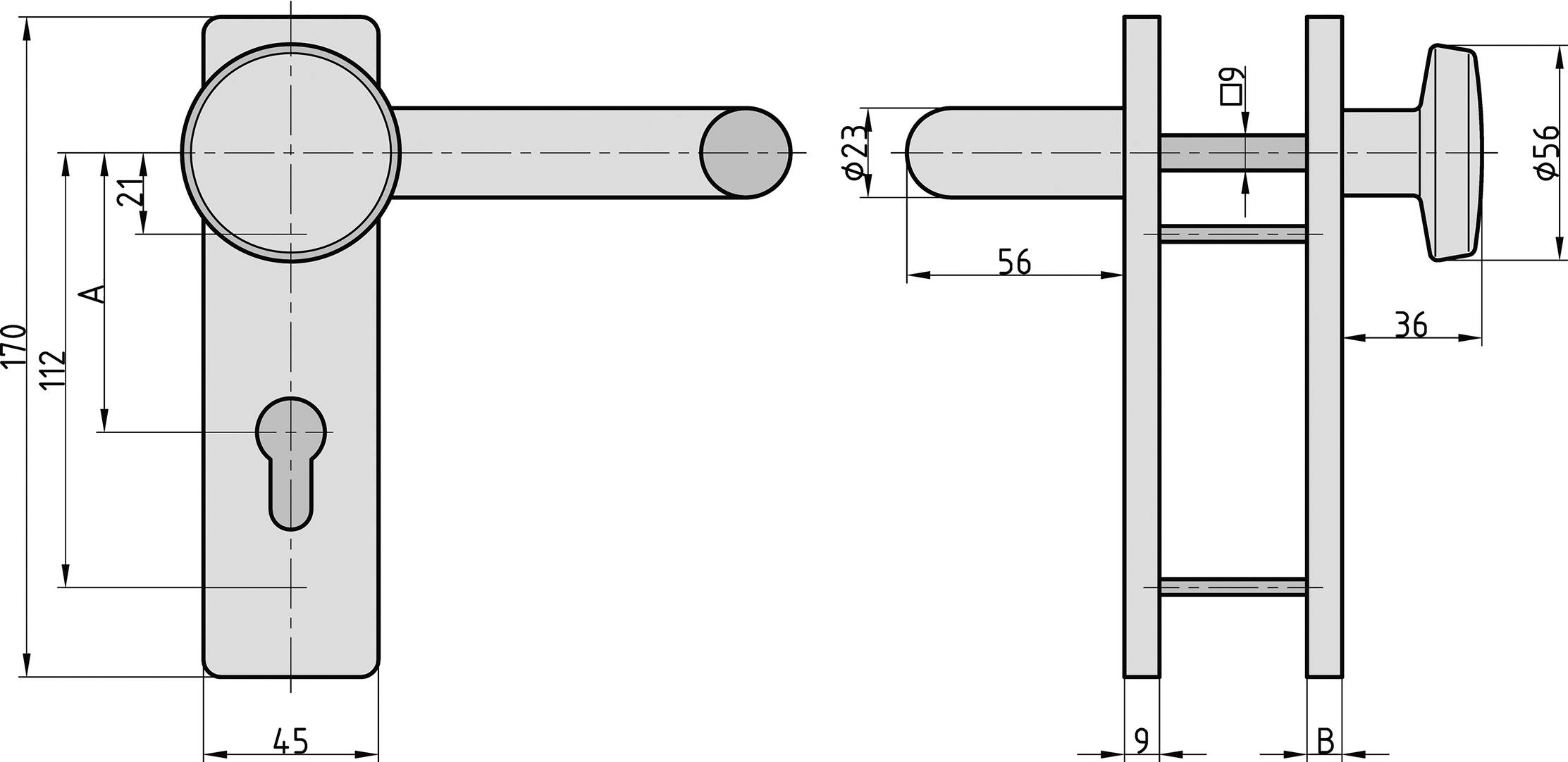 'Technický výkres kování kliky dveří s rozměry: výška 110 mm, šířka 45 mm, hloubka 56 mm a velikost válce D20.'