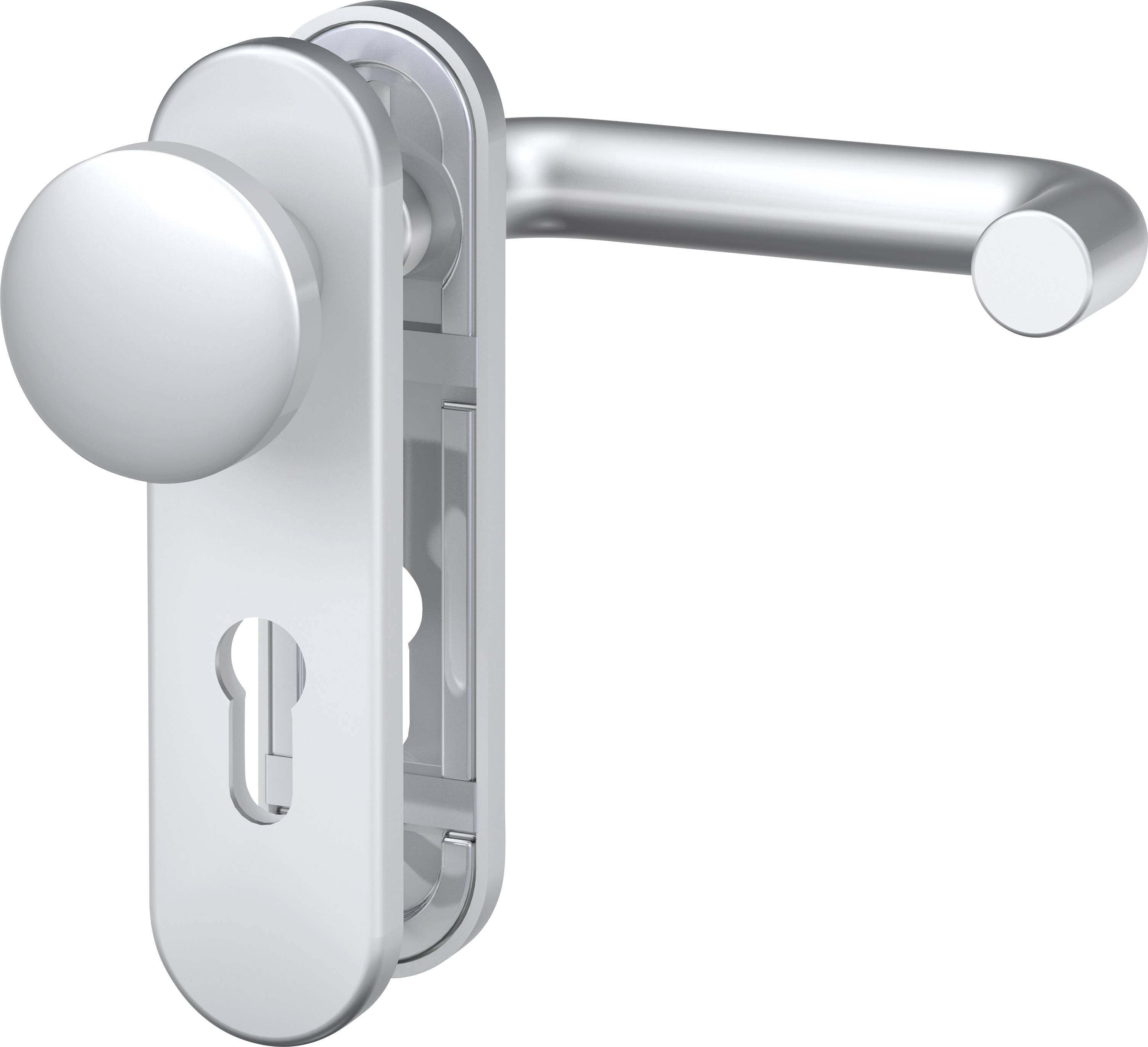 Stříbrná kliková sada dveřního kování s kulatou koulí a ochranným štítem pro cylindrický zámek. Moderní design pro vnitřní dveře.
