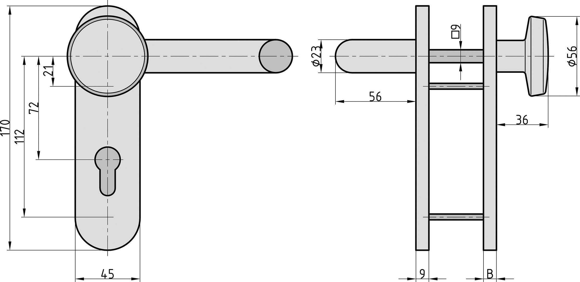 Technický výkres kliky dveří s rozměry; přední a boční pohled. Hlavní rozměry: střed otvoru 112 mm, šířka kliky 45 mm, délka 56 mm.