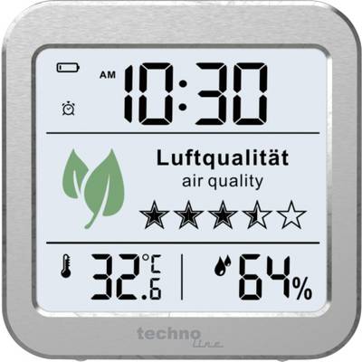 Digitální hodiny s indikátorem kvality vzduchu: 'Kvalita vzduchu', 5-hvězdičková stupnice, Teplota 32,6°C, Vlhkost vzduchu 64%.
