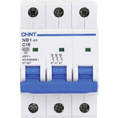 Třípólový jistič Chint NB1-63 s modrými přepínači, vhodný pro 400V a 16A.