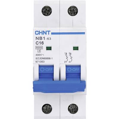 Modrý dvoupólový jistič od společnosti Chint s označením 'NB1-63 C16', vhodný pro 400V a 6000A.