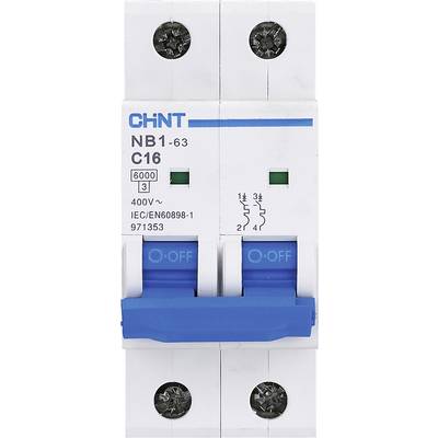 Modrý dvoupólový jistič od značky Chint. Na horní straně jsou uvedeny specifikace, jako NB1-63 C16, 400V~ a IEC/EN60898-1.