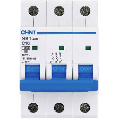 Modrý trojpólový jistič značky CHNT. Model NB1-63H, 400V, 16A, s pěti šroubovými svorkami nahoře a dole.