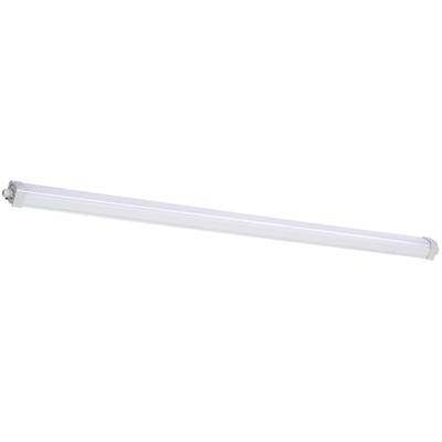 Bílá LED zářivková trubice, štíhlá a dlouhá, v stříbrném krytu. Vhodná pro montáž na strop v kancelářích nebo dílnách.