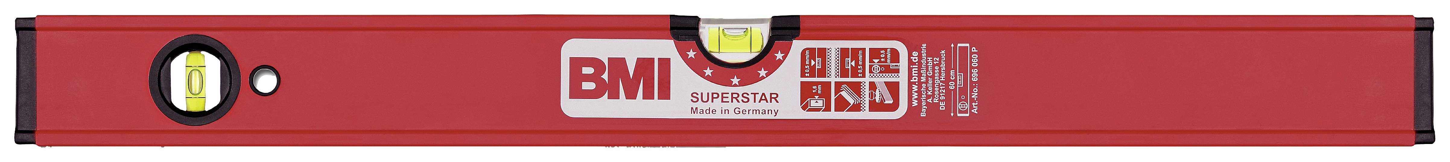 Vodováha v červené barvě s nápisem 'BMI Superstar', centrální váleček ukazuje úroveň. Nástroj pro přesné vyrovnání a měření.
