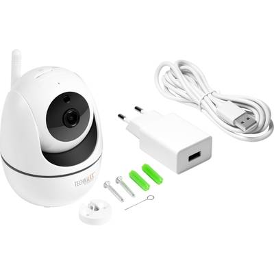 Bílá bezpečnostní kamera s napájecím adaptérem, USB kabelem, montážní deskou a příslušenstvím. Ideální pro vnitřní bezpečnostní sledování.