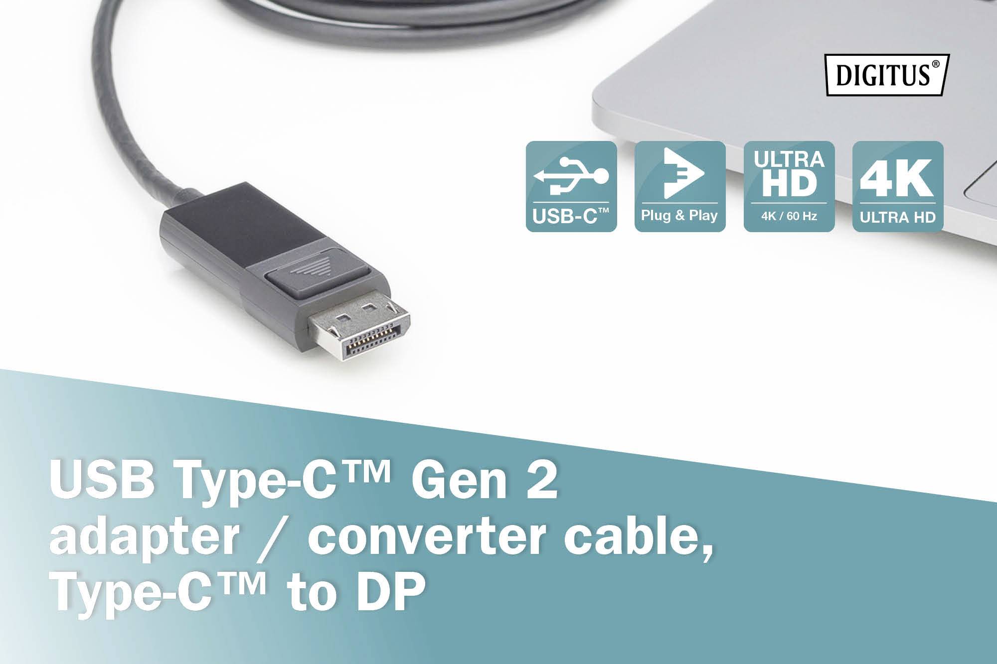 Adaptér/konvertor USB Type-C Gen 2 je připojen k notebooku. Symboly zobrazují USB-C, Plug & Play, Ultra HD a 4K.