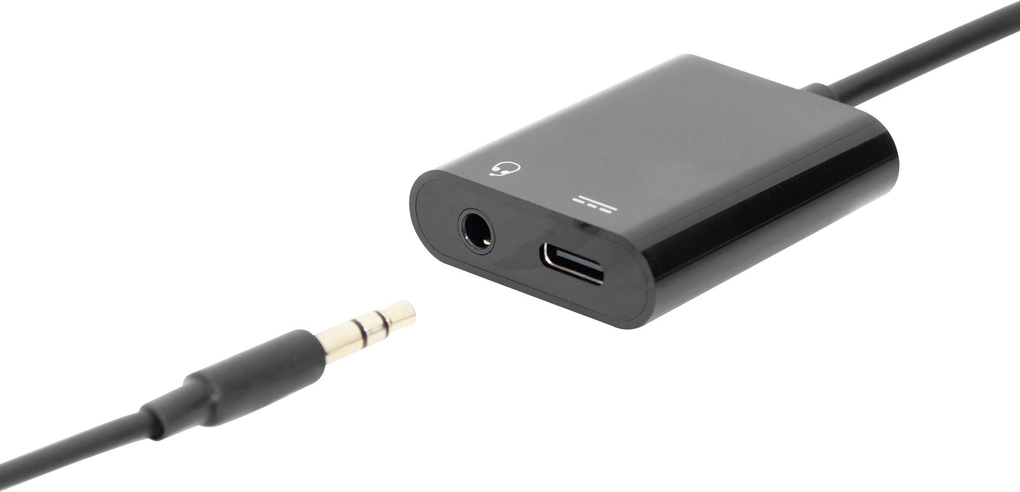 Černý audio adaptér s 3,5mm jackovým konektorem a USB-C vstupem, vhodný pro připojení sluchátek k mobilním zařízením.