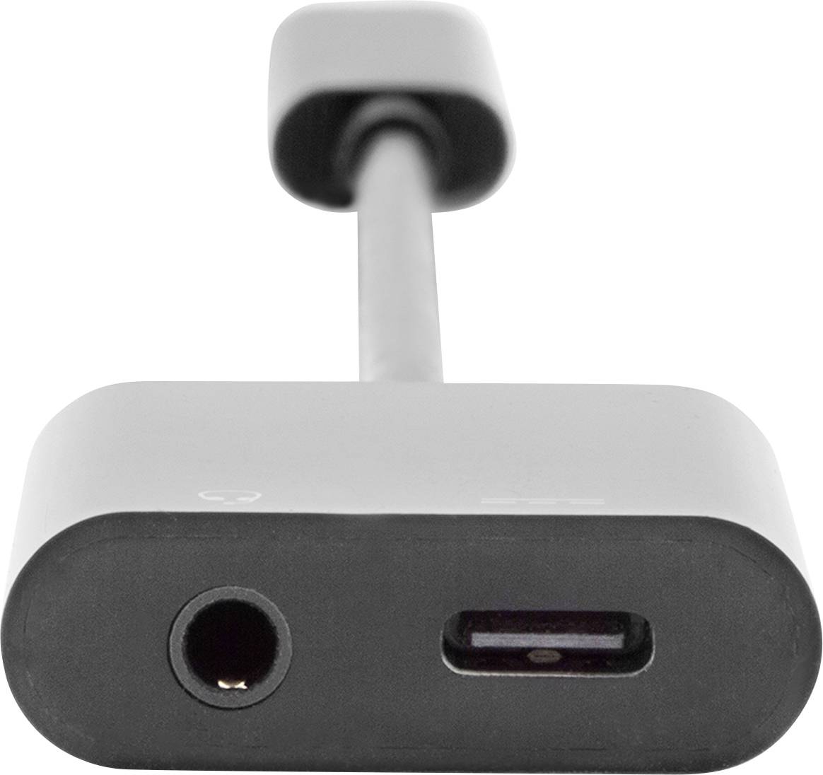 Adaptér s konektorem pro sluchátka a konektorem USB-C, který se používá pro připojení audiozařízení a nabíječek.