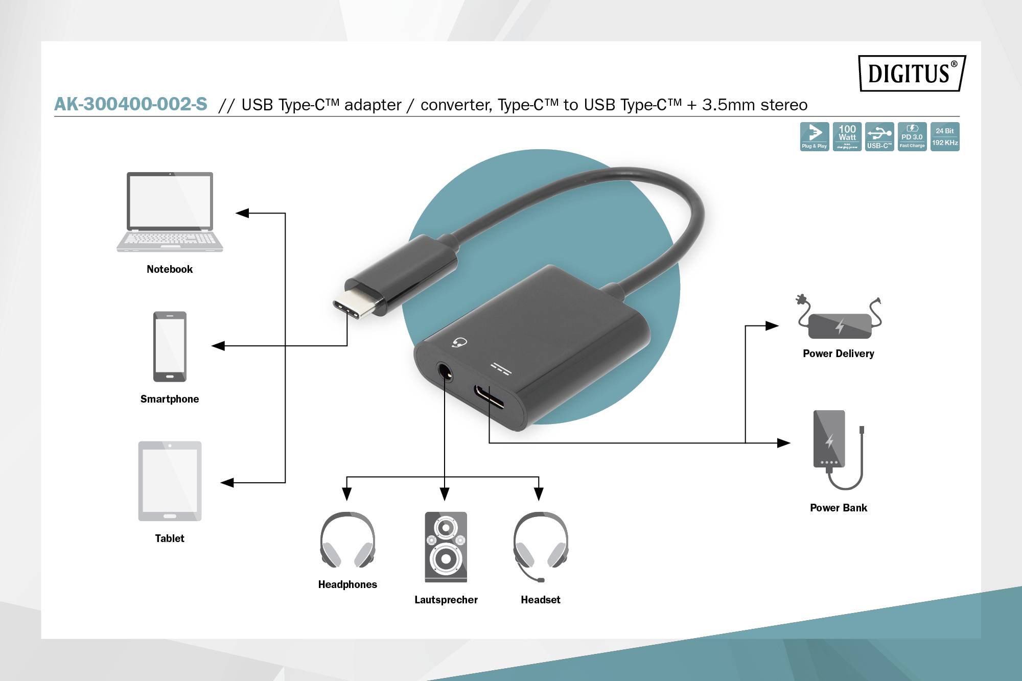 'AK-300400-002-S / USB Type-C adaptér/konvertor, Type-C na USB Type-C + 3,5 mm stereo'. Připojení pro laptop, smartphone, tablet, sluchátka, reproduktory, powerbabanku.
