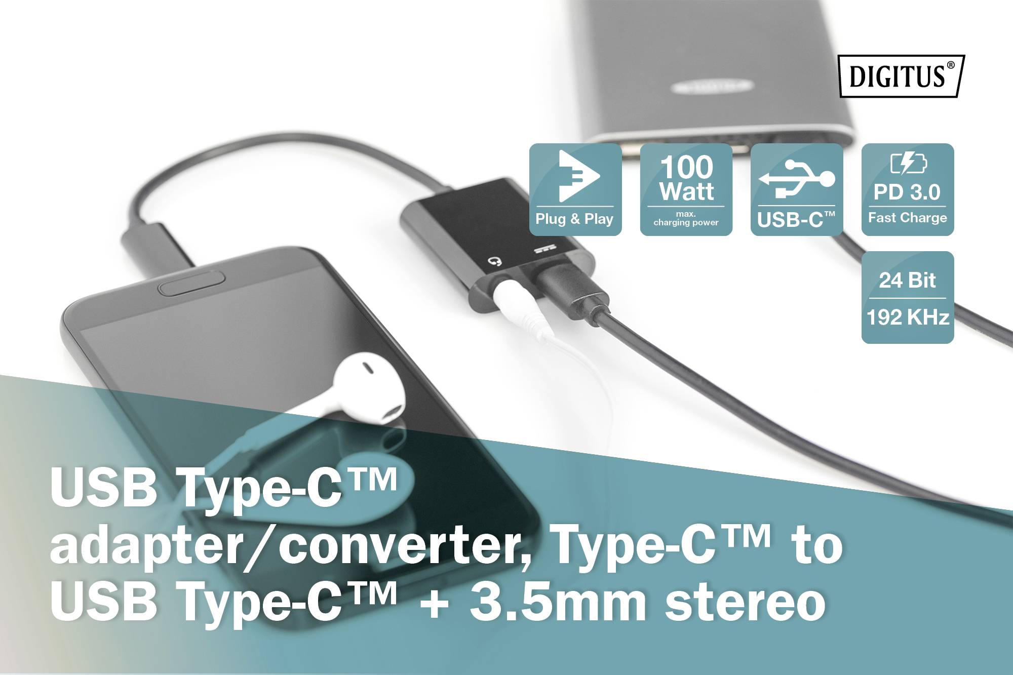 'Adaptér/Konvertor USB Type-C™, Type-C™ na USB Type-C™ + 3,5 mm stereo.' Obrázek zařízení připojených k adaptéru.