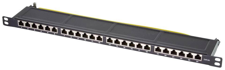 24portový patch panel s RJ45 konektory, který lze namontovat do síťové racku. Vhodný pro organizaci síťových kabelů.