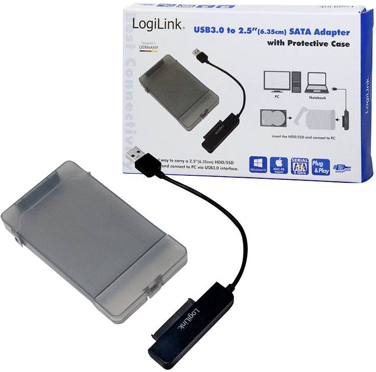 LogiLink USB 3.0 na 2,5" SATA adaptér s ochranným pouzdrem. Adaptér a pouzdro vedle obalu. Kompatibilní s PC a notebookem.