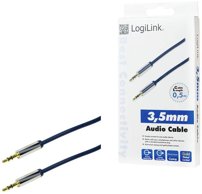 Logický Link 3,5mm audiopřevod: Modrý audiokabel, délka 0,5 m, s pozlacenými konektory. Obal zobrazuje nákres kabelu a detaily.