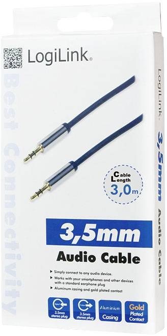 3,5mm audio kabel od LogiLinku, délka 3 metry, vhodný pro audio zařízení, smartphones, tablety. Hliníkový kryt, pozlacené kontakty.