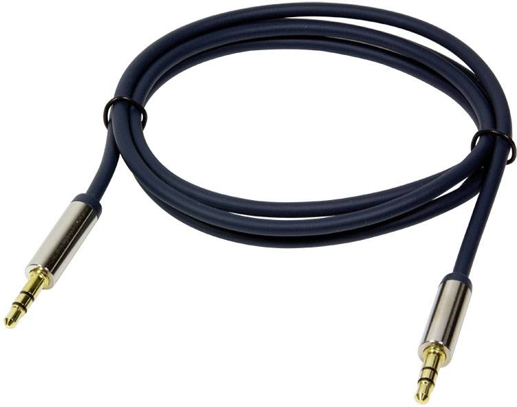 Modrý audio kabel s 3,5mm jacky na obou koncích, používaný pro propojení audio zařízení, jako jsou reproduktory nebo sluchátka.