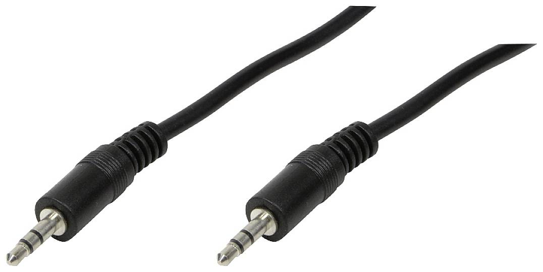 Dva černé audio kabely s 3,5mm jack konektory na obou koncích, které se používají pro připojení audio zdrojů.