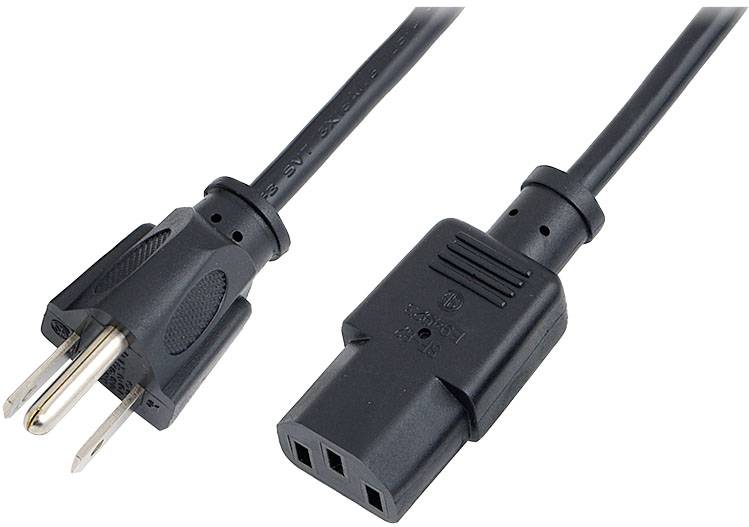 Na obrázku je černý síťový kabel s třípólovým konektorem a zásuvkou, vhodný pro napájení elektronických zařízení.